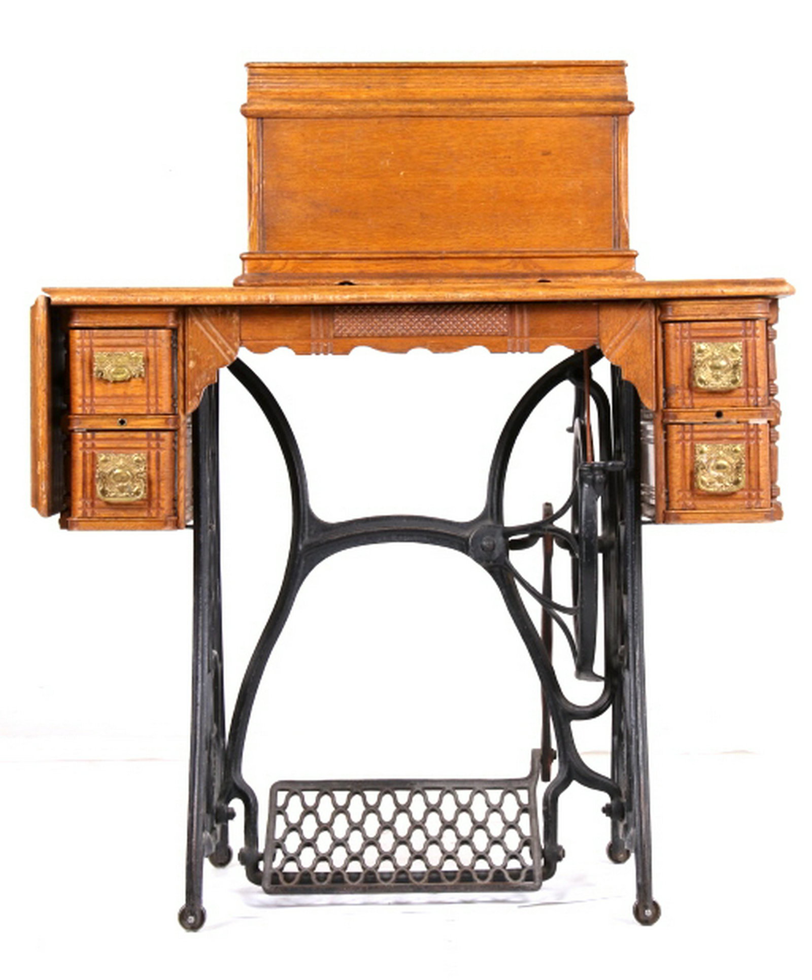 Early Bonnet Top Singer Sewing Machine: Offered for your bidding pleasure is this Early Bonnet Top Treadle Singer Sewing Machine. This domestic treadle sewing machine shows a solid oak cabinet with a cast iron singer base as well as the sew