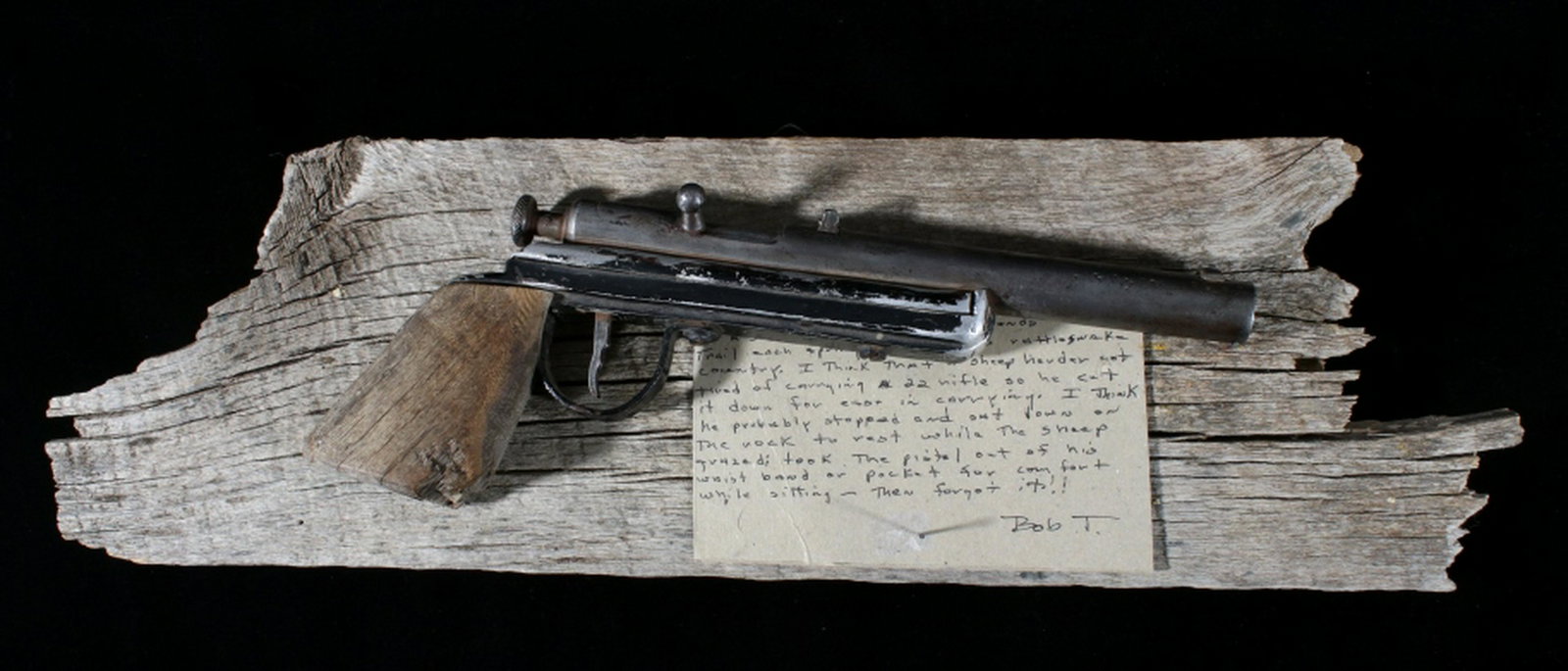 Homemade .22 Cal Pistol with Wall Mount: Offered in this lot we have a Homemade .22 caliber pistol with a wood plaque and information. This pistol was found in Eastern Orgeon lying on some lava rocks next to a sheep trail. The piece was a ri