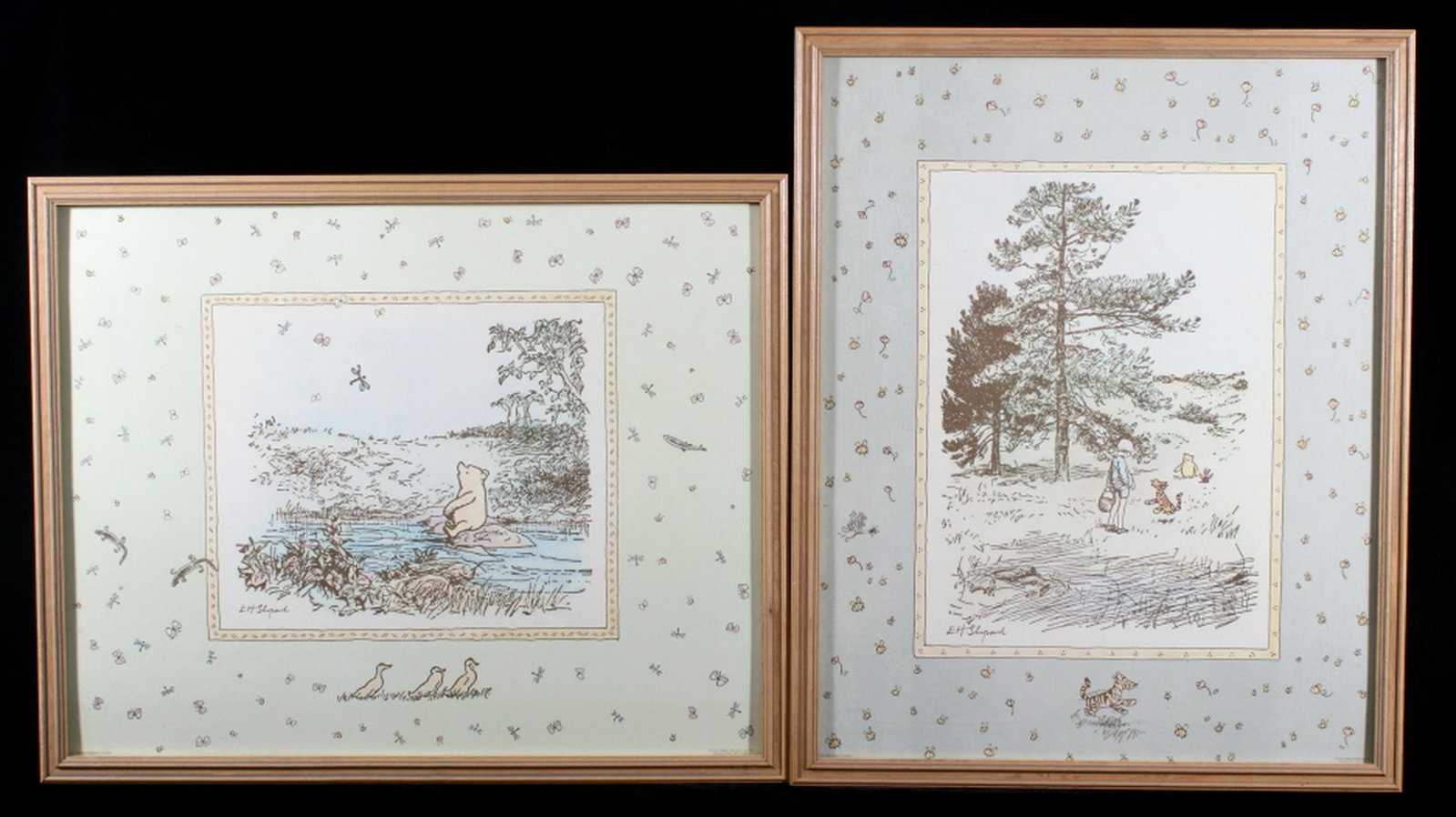 Winnie the Pooh E.H. Shepard Disney Art Prints: Featured in this lot we have a pair of Winnie the pooh art prints by E.H. Shepard originating form the late 20th century. These two prints showcase art from the original Winnie the Pooh illustrations 