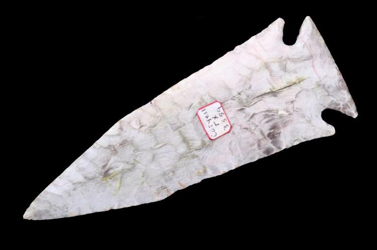 RARE Marcos Knotched Spear Point c. 2600-1800 BP: This is an outstanding large authentic pre-historic notched Marcos spear point with a fine grade of G-8 and a book value of $2,500. The ancient point is expertly constructed from a fine Flint Ridge ma