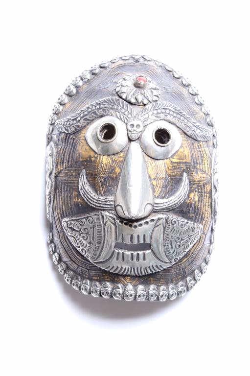 Kapala Tibetan Silver Turtle Shell Embossed Mask: For your bidding pleasure is this Kapala Tibetan Silver Inlay Turtle Shell Embossed Mask. This is called a Kapala turtle mask and used for Tantric Buddhist ceremonies in the Himalayas or just for good
