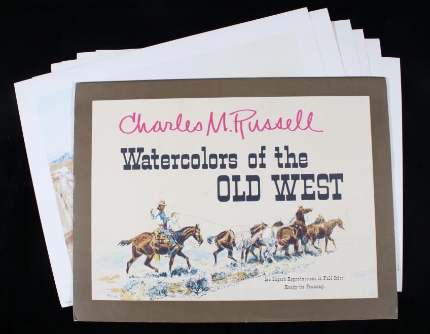 Charlie M. Russell Watercolor Reproduction Prints: Included in this lot we have a collection of Charlie M. Russell watercolor reproduction prints. The collections consists of six Russell titles; Indians and Scouts Talking, Intruders, Surprise Attack, 