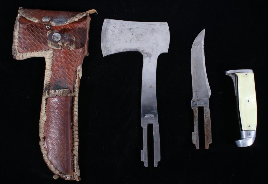 Western Boulder Colo. Knife & Hatch MOP Set c 1930: Included in this lot we have this rare original Western Knife & Hatchet Removable Handle Set with sheath dating to circa 1930-1932. The knife and hatchet are both a rare double tang mechanism which lo