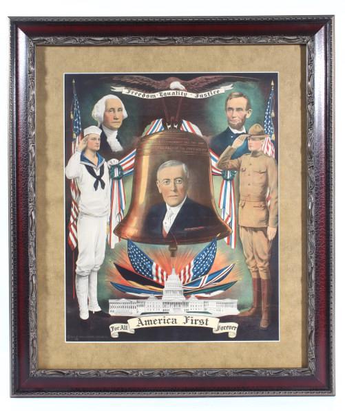 Original WWI America First Poster By Chas Gustrine: Featured in this lot we have an original World War 1 "America First" poster by Charles Gustrine originating from 1918. The poster displays Woodrow Wilson on the liberty bell with an Army soldier salut