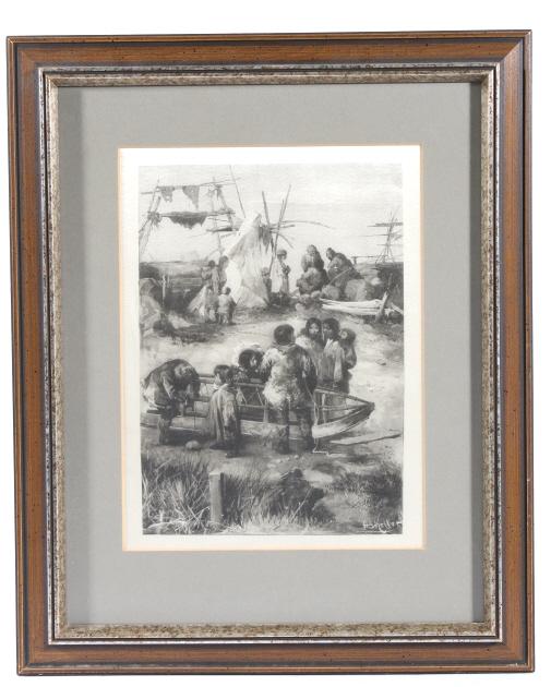 Original Signed Keller Eskimo Framed Etching: Offered in this lot we have an original signed Inuit Eskimo family scene by A.S. Keller. The piece depicts a Inuit family as they do maintenance and repair on their fishing and watercraft equipment. T