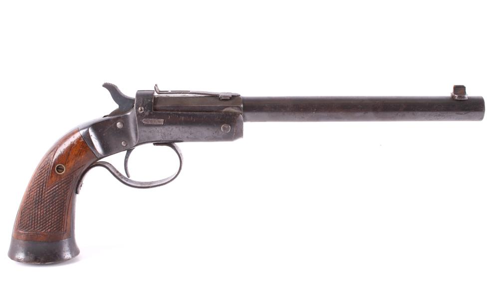 J. Stevens Model No. 35 Tip Up .22 Pistol: For your consideration is a Stevens Model 35 .22 caliber tip up pistol. The handgun is chambered in a .22 rimfire caliber and shows a steel frame with long pistol grip having checkered walnut factory 
