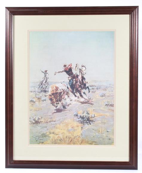 Charlie Russell Cowboy Roping A Steer Framed Print: Included in this lot we have a framed Charlie Marion Russell print titled "Cowboy Roping a Steer". Charles Marion Russell, born March 19th, 1864 in St. Louis Missouri and died on October 24, 1926 in G