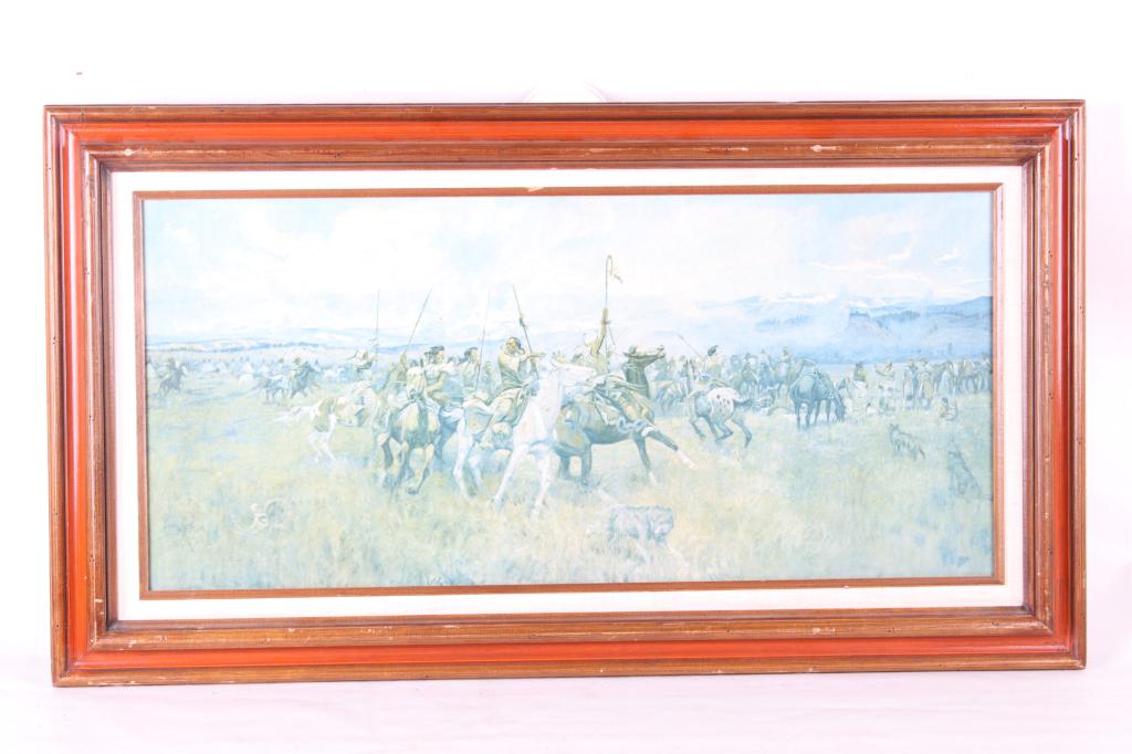 Native American Indian Raiding Party by GA Powell: For your bidding pleasure is this Native American Indian Raiding Party by GA Powell. This is a majestic painting on canvas showing a raiding party of braves gathering outside their village. All the br