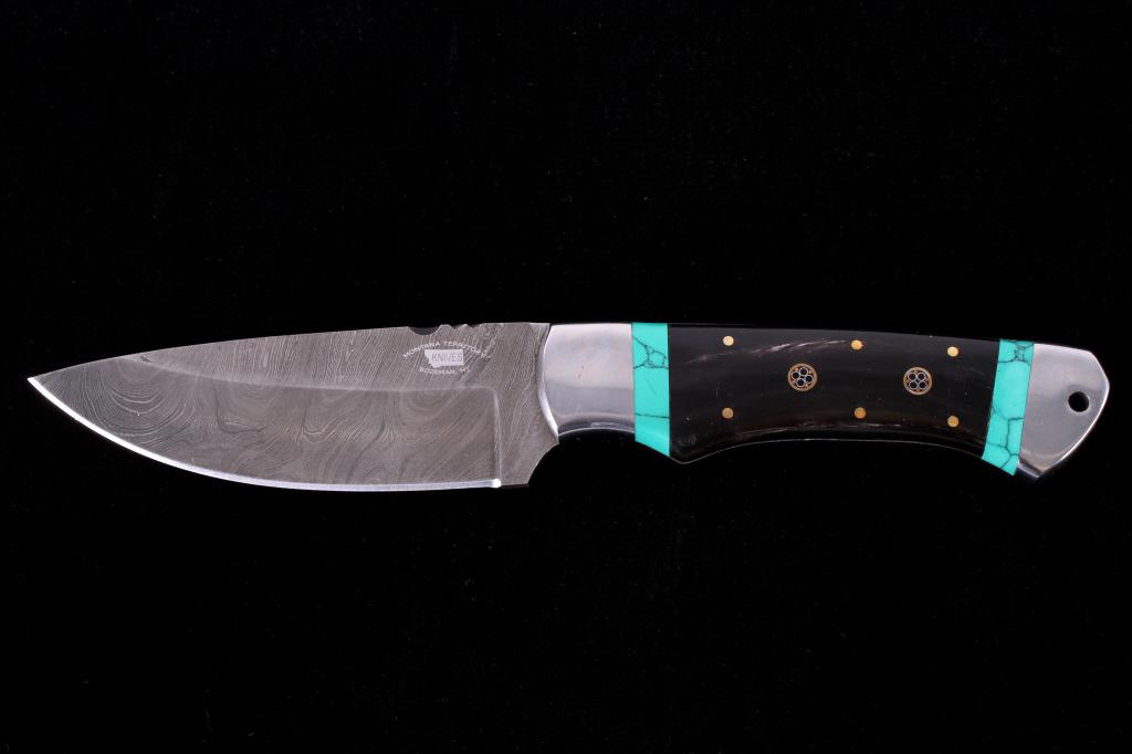 M.T. Knives Bozeman Damascus Buffalo & Turquoise: This is an original handmade high-quality feather Damascus knife from the Montana Territory Knives of Bozeman, Montana. The knife blade has been forged from 396 layers of very high quality 1095HC (Hig