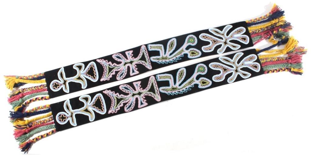 Sauk & Fox Woodlands Whimsical Beaded Sashes: The lot features two circa early 1900 Eastern Woodlands Sauk and Fox Native American Indian beaded sashes. The sashes show a heavy trade wool blanket construction with excellent Germantown brightly co