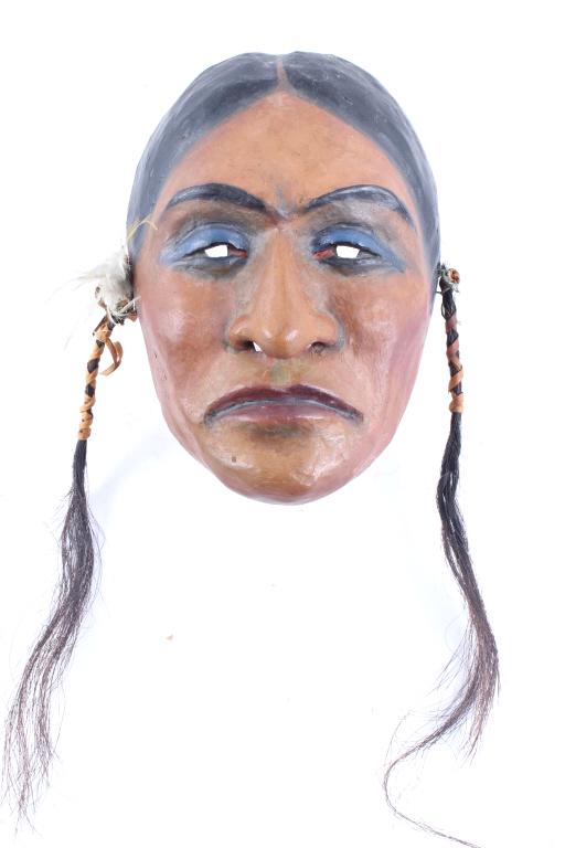 American Indian Crow Painted Mask c. 1890-1910: This is an exceptional American Indian paper mache (papier mache) mask dating to circa 1890-1910’s and attributed to the Crow Native American Indians of Montana. The mask shows a paper mache constru