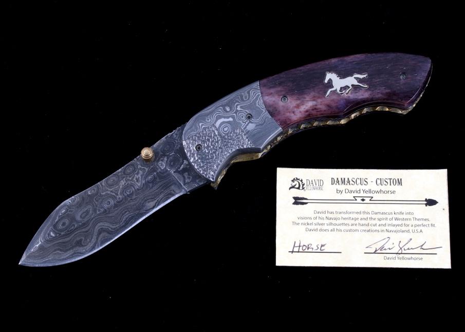 Navajo Dave Yellowhorse Damascus Horse Knife: We are proud to be one of the exclusive knife makers to offer David Yellowhorse custom Damascus pocketknives (pocket knives). David Yellowhorse has transformed this Damascus knife into visions of his