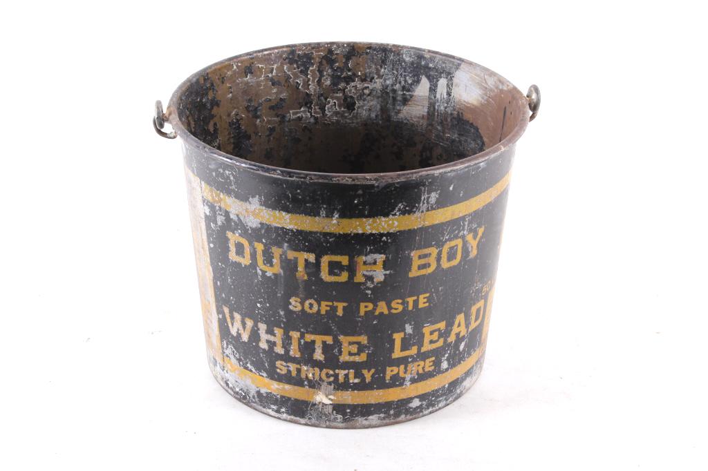 Dutch Boy Strictly Pure White Lead Mining Bucket: Available for your bidding pleasure is this Dutch Boy Strictly Pure White Lead Mining Bucket. This bucket displays a sturdy steel construction with a painted exterior. The bucket reads "Dutch Boy Soft