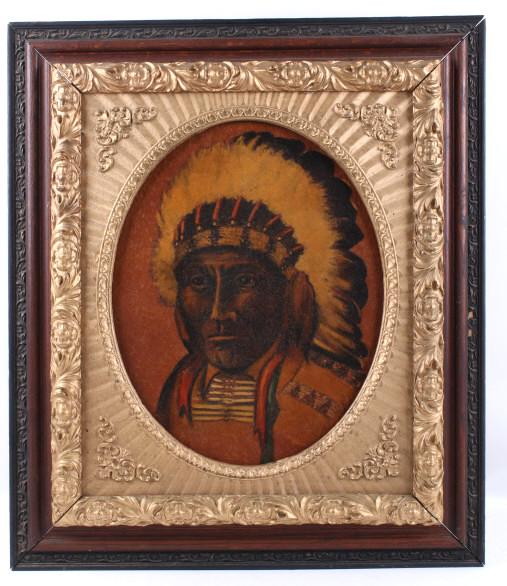 Original Native American Chief Portrait Painting: Included in this lot we have a original Native American Chief oil painting originating from the late 1800's to early 1900's. The portrait shows a Indian chief in a eagle feather headdress with a beade