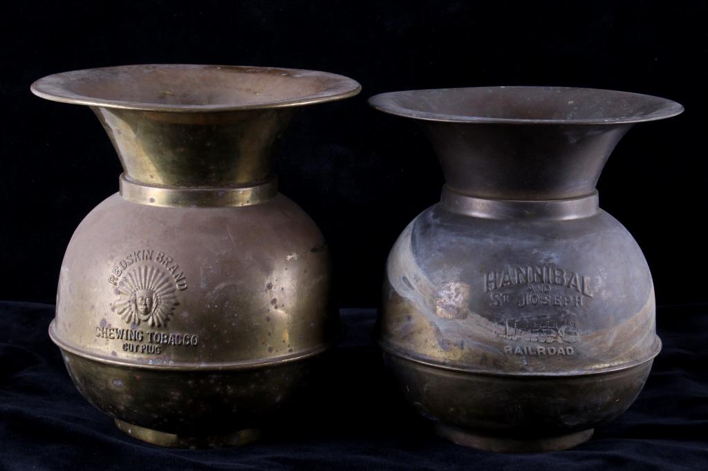 Brass Redskin & Hannibal St Joseph RR Spittoons: For your bidding pleasure are these Brass Redskin Tobacco & Hannibal St Joseph Railroad spittoons. This pair of spittoons are in good condition showing iconic spittoon craftsmanship shown from as earl