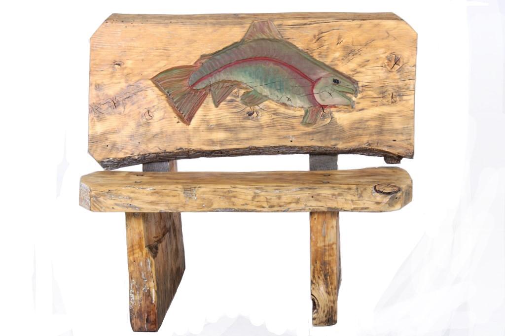 American Hand Carved Trout Slab Oak Bench: For your bidding pleasure is this American hand carved Trout slab Oak bench. This is a good bench shown from the late 1900's. This bench is hand carved and hand painted showing a great figure of a tro