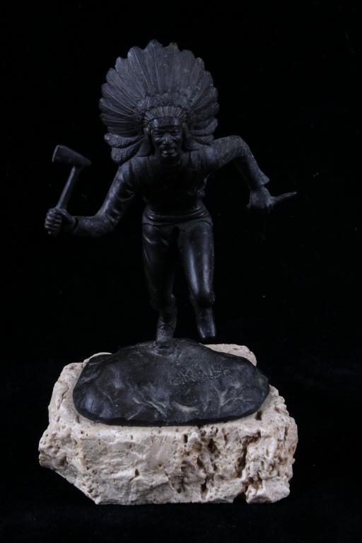 After Carl Kauba Charging Indian Brave Bronze: For your consideration is this after Carl Kauba bronze showing a Native American Indian brave charging with tomahawk raised and knife poised for battle. This is a good bronze showing great attention t