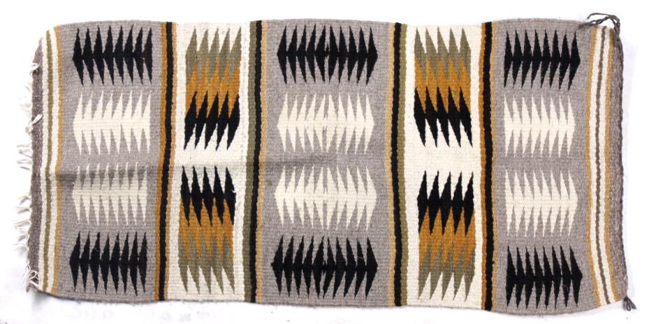 Navajo Gallup Throw Trading Post Wool Rug: This is an excellent Navajo Native American Indian trading post wool rug in a rare Gallup Throw pattern. The rug shows a banded pattern with a heathered grey background with bands of yellow / tan, whi