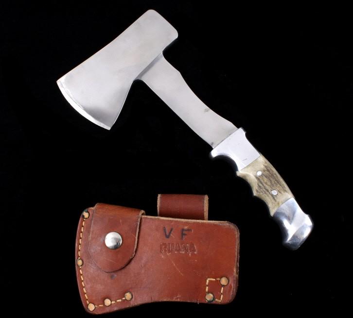 Ruana Elk Antler Hatchet & Scabbord c.1984: For your consideration is a Ruana elk antler hatchet with leather sheath circa 1984. Having left the decimated family farm in North Dakota and looking for greener pastures, 1938 found Rudy Ruana in th
