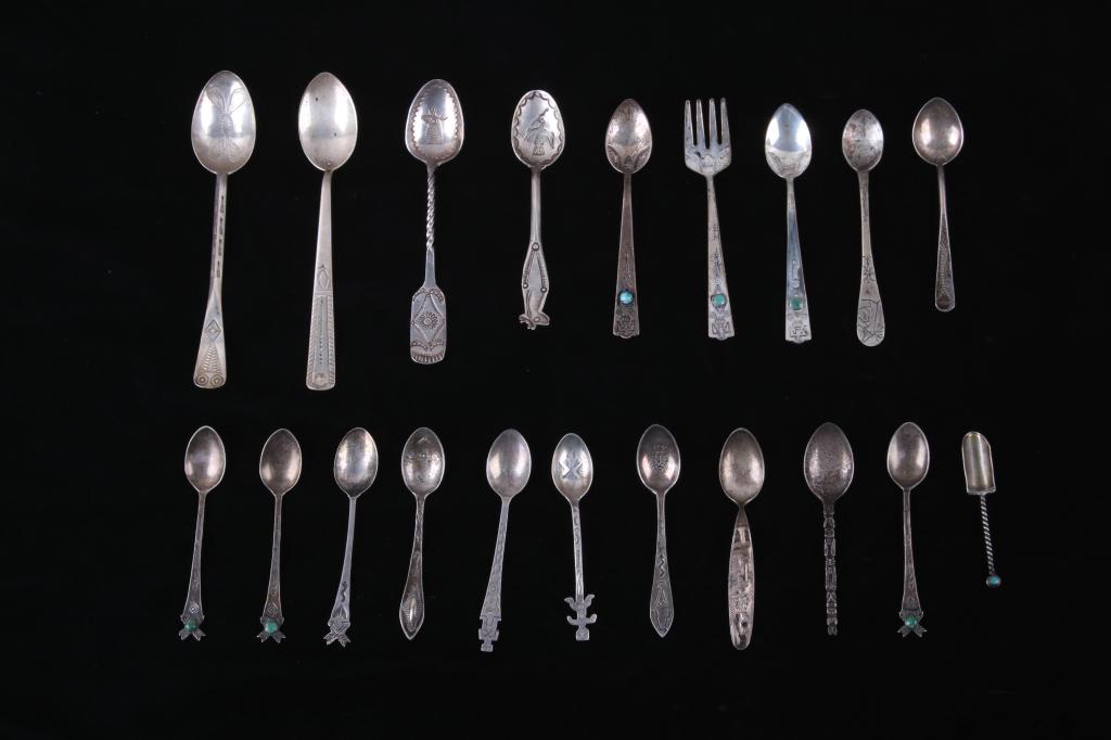 Collection of Navajo Stamped Sterling Silverware: For your consideration is this collection of Navajo stamped Sterling silverware. This is a wonderful collection showing various spoons and forks with Navajo created decorations and identifying marks, 