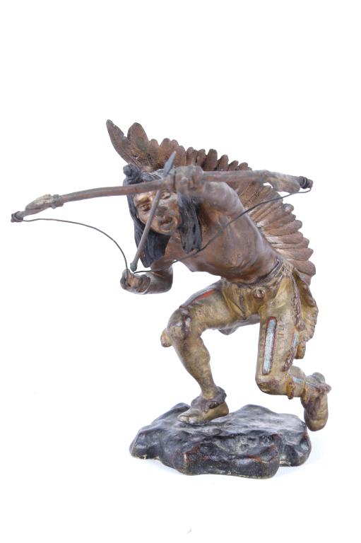 Franz Bergmann Cold Painted Vienna Bronze Indian: For your consideration is this cold painted Vienna bronze of an Indian aiming a bow with a headdress by Franz Bergmann an artist from Vienna, Austria. This is a good bronze showing good design and dec