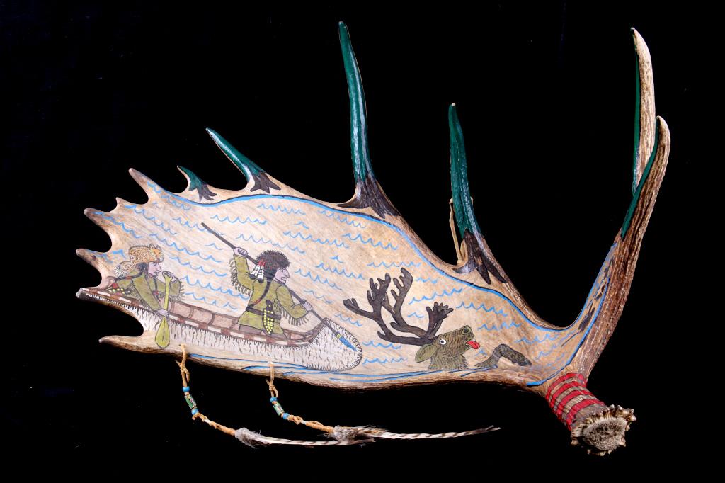Painted Moose Antler Rack w/ Native American Scene: For your consideration is this Painted Moose Antler Rack w/ Native American Scene. This rack shows good size and is well preserved. The rack is painted with a scene of two Native American hunters in a