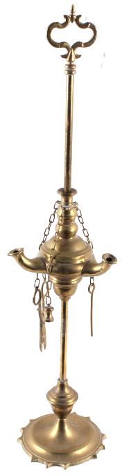 Religious Brass Incense Burner: In this lot we have a religious brass incense burner. On this brass piece there is 3 items attached to the incense burner. The first item is some small brass scissors. The second item is a brass plug.
