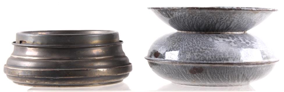 Pressed Sheet Metal Spittoon & Nickel Spittoon: In this lot we have two spittoons. One of the spittoons is made out of solid nickel and was made by Dayton MFG. The second spittoon is made out of a pressed sheet metal. Experiences a little bit of pa