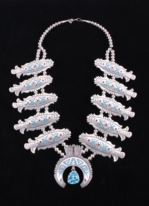 Navajo T Singer Chip Inlay Squash Blossom Necklace: For your consideration is a beautiful Navajo Native American T. Singer chip coral and turquoise sterling silver squash blossom. Tommy Singer was a renowned Navajo Silversmith, in the 1970’s he inven