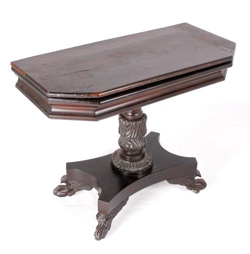 French Folding Mahogany Game Table c. 1740 RARE: This lot contains a classical French folding game table. The table was handcrafted for export to America by Vincent Rose. The table is etched "Made In France 1740", the provenance provided by the sell