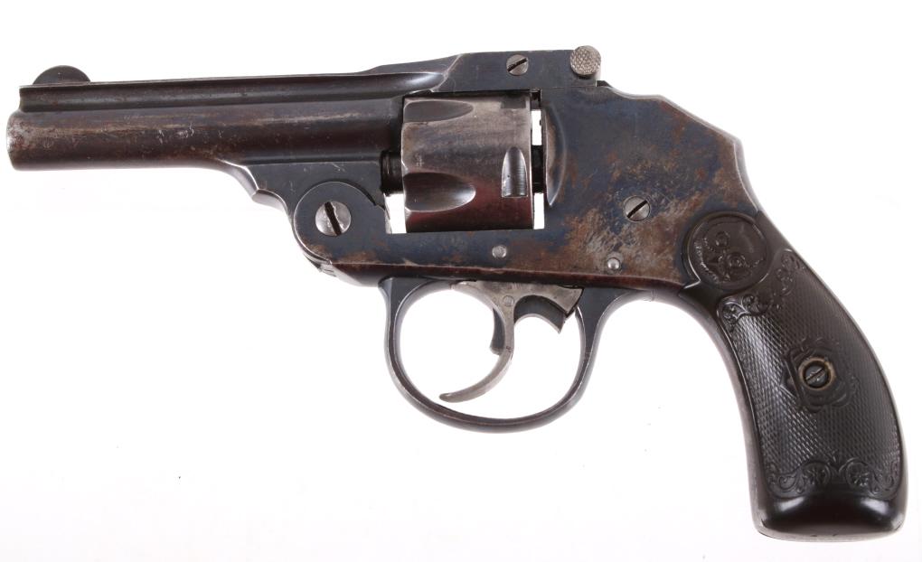 Iver Johnson Safety Hammerless .32 CF Revolver: This is an early Iver Johnson Arms Model Safety Automatic Hammerless double action revolver in a .32 center fire caliber. The revolver shows a blue’d finish with original hard rubber owl grips and a