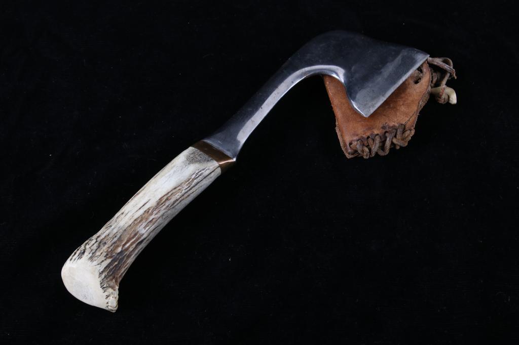 Hand Crafted Axe w/ Antler Tine Handle: For your consideration is this hand crafted axe with antler tine handle. This is a good axe showing a finely sharpened head. This was a hammer that has been re forged and quenched and into a a small a
