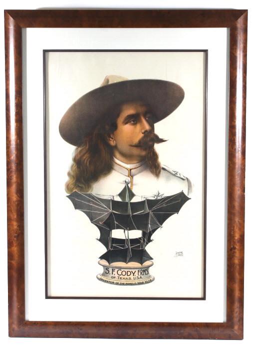 S.F. Cody Famous War Kite Chromolithograph c1800's: Offered for your bidding pleasure is this S.F. Cody Famous War Kite Chromolithograph Poster. Franklin Samuel Cowdery (1867-1913), who adopted the name Samuel Franklin Cody, was born in Davenport, Iowa