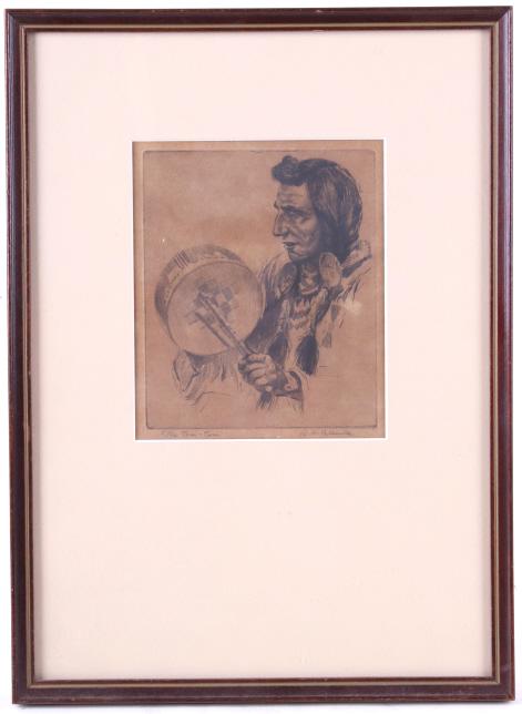 "The Tom Tom" by Reinhold H. Palenske: For your consideration is this etching called The Tom Tom by Reinhold H Palenske. This is a good Lithograph portrait showing a Native American Indian beating on a drum showing the artist signature in