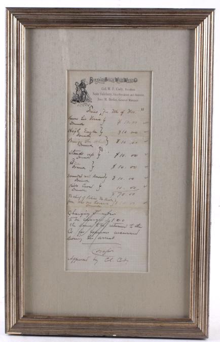 Buffalo Bill's Wild West Show W.F. Cody Signature: In this lot we have a Buffalo Bill's wild west company fine sheet. At the top of this fine sheet there is a little photo of buffalo bill on a horse with the companies name on top. Just below that it s