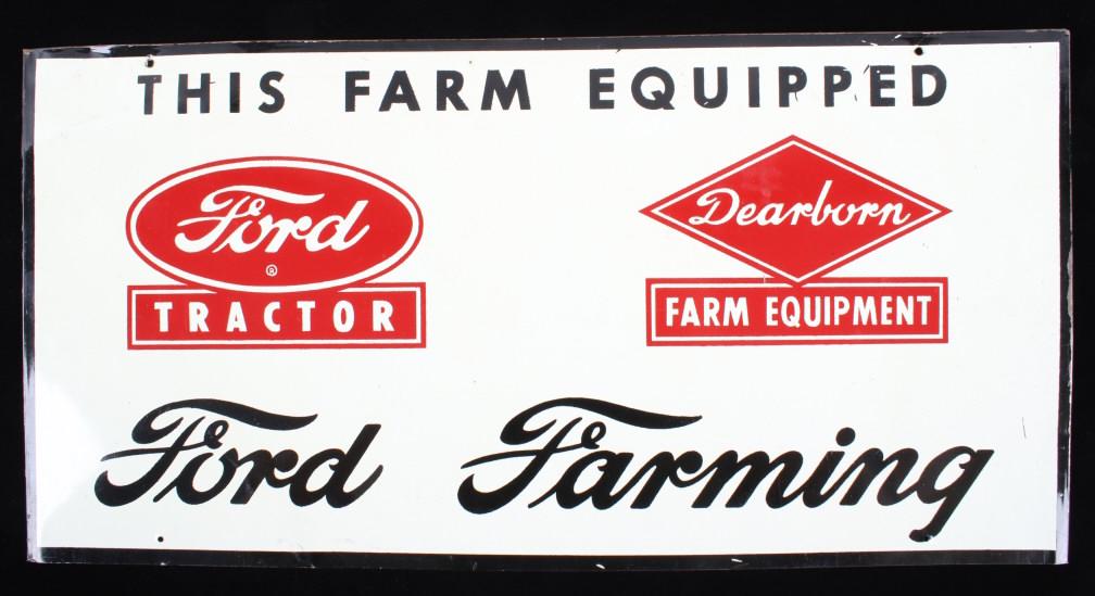 Ford Tractor & Dearborn Farm Equipment Tin Sign: Available in this lot we have a Ford Tractor and Dearborn Farm Equipment tin sign originating from the 1950's. The sign displays a white background with a black border. The face of the sign is marked 