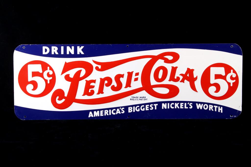 1940's Embossed Pepsi-Cola 5 Cent Advertisement: This is a 1940's embossed Pepsi-Cola 5 cent advertisement sign. The sign is embossed tin plate — a three dimensional process resulting in a beautifully crafted sign with depth and character. The cla