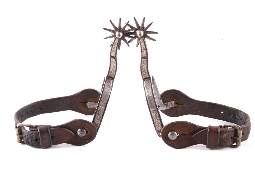 Buermann Silver Inlaid St Shank Star Spurs 1800's: For your consideration is this pair of early August Buermann silver inlaid St. Shank Star cowboy spurs. This set of spurs shows iron construction with inlaid silver plating along the outside swath of