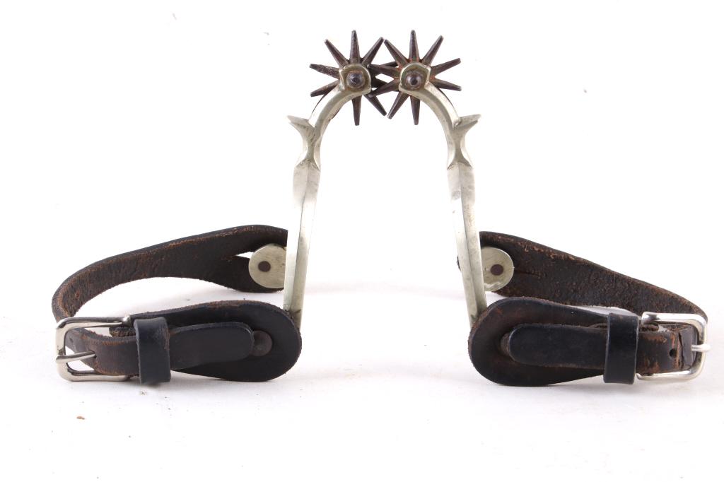 1928 August Buermann Nickel Silver Spurs: For your consideration is this Nickel silver set of cowboy spurs made by August Buermann and sold new in 1928, the hallmark on this spur set is of a star with a patent mark. The spurs shows nickel-sil