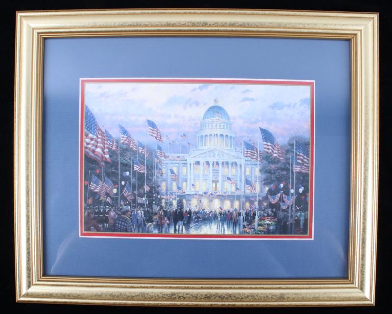 Signed Thomas Kinkade White House Framed Print: For your consideration in this lot we have a signed Thomas Kinkade print titled "Flags Over The Capital" originating from 1991. Thomas Kinkade is an American artist, illustrator, and painter. He is mo