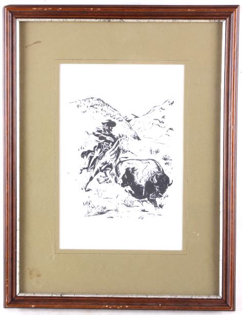 Buffalo Bill Hunting Buffalo Drawing By Bill Cody: In this lot we have a black and white drawing of Buffalo Bill hunting Buffalo. In the foreground you see buffalo bill facing to his left along with his rifle on his horse getting ready to aim at a buf
