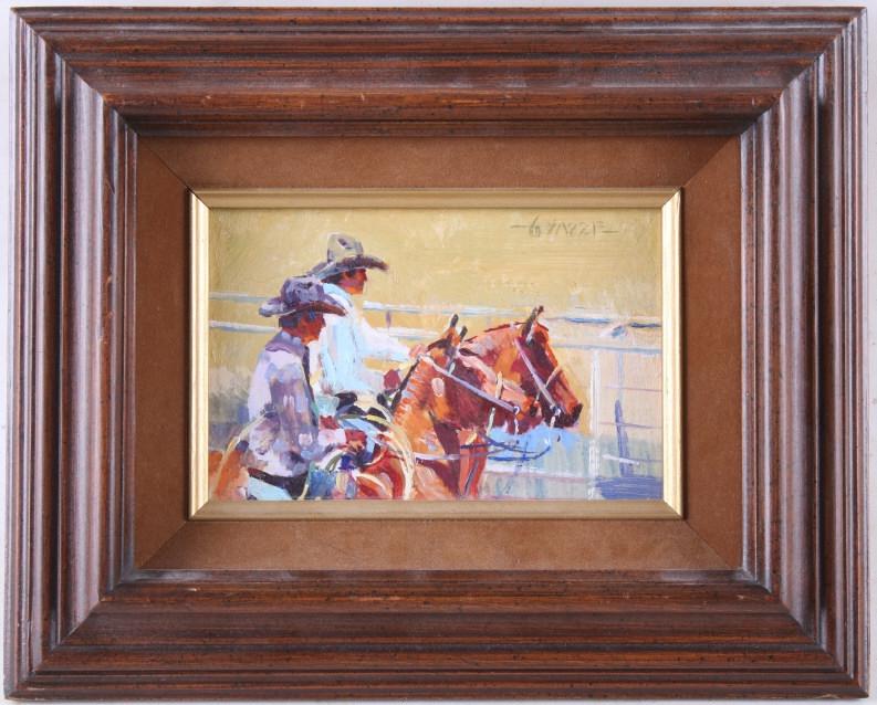 1986 Gary Yazzie "It Takes Four" Oil on Board: For your consideration is this oil on board from Navajo artist Gary Yazzie called "It takes four," shown from 1986. This is a great familial cowboy piece showing two cowboy's ropes in hand and riding 