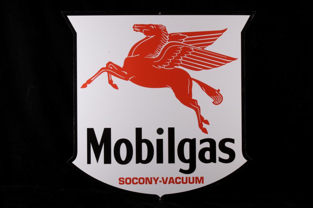 Mobilgas Pegasus Advertising Sign: Featured in this lot we have a Mobilgas advertising sign. The sign shows the red Mobil gas Pegasus logo on a white background. The advertising sign is marked across the front of the piece, reading "Mo