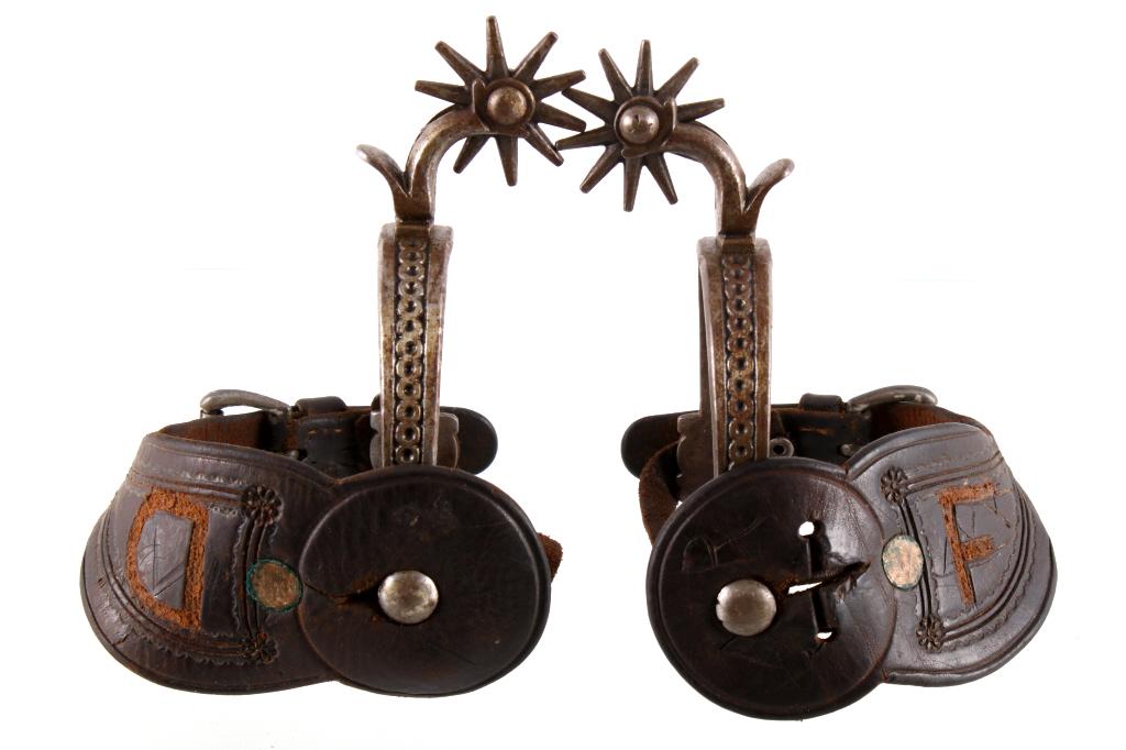 August Buermann c. 1890 Spurs w/ F. Meanea Straps: This is a fine 19th Century set of August Buermann California Spurs dating to 1890’s accompanied with s fine set of Frank Meanea leather spur straps. The spurs are marked “PAT’D” and are from