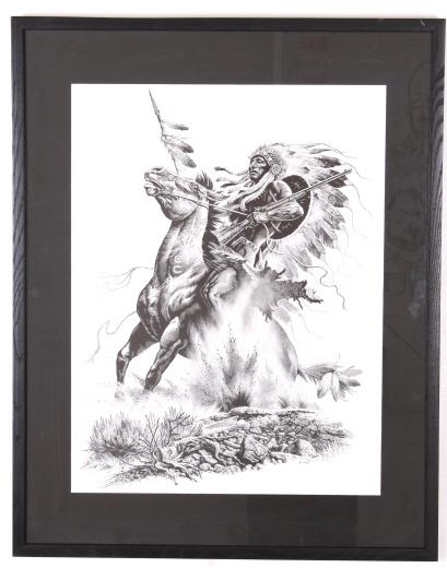 War Chief by Bill O'Neil: In this lot we have "War Chief" by Bill O'Neil. This artwork is a Native American man riding a horse with a spear in his right hand and a rifle and the reins in his left hand. On the Native American m