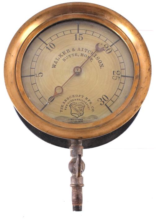 Walker & Aitchison Brass Pressure Gauge: In this lot we have a Walker & Aitchison brass pressure gauge. This pressure gauge goes to 30 PSI. The pressure gauge is made by The Ashcroft MFG. Co. This brass gauge was registered for use in August