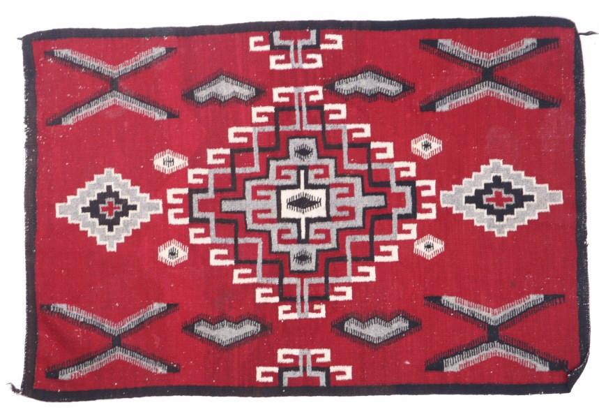 Navajo Ganado Wool Rug from Hubbell c. 1940-1950: This is an excellent authentic original Navajo Native American Indian Ganado pattern wool rug from the renowned Hubbell Trading Post dating to circa 1940-1950’s. The Ganado style of weaving was esta