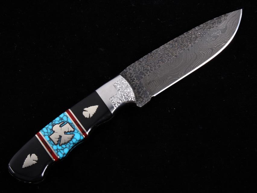 Navajo Yellowhorse Turquoise Thunderbird Knife: This is the newest offering from our partnership with David Yellowhorse, a Damascus knife set with turquoise, onyx, black matrix jasper along with a total of six silver hand cut silhouette inlays incl