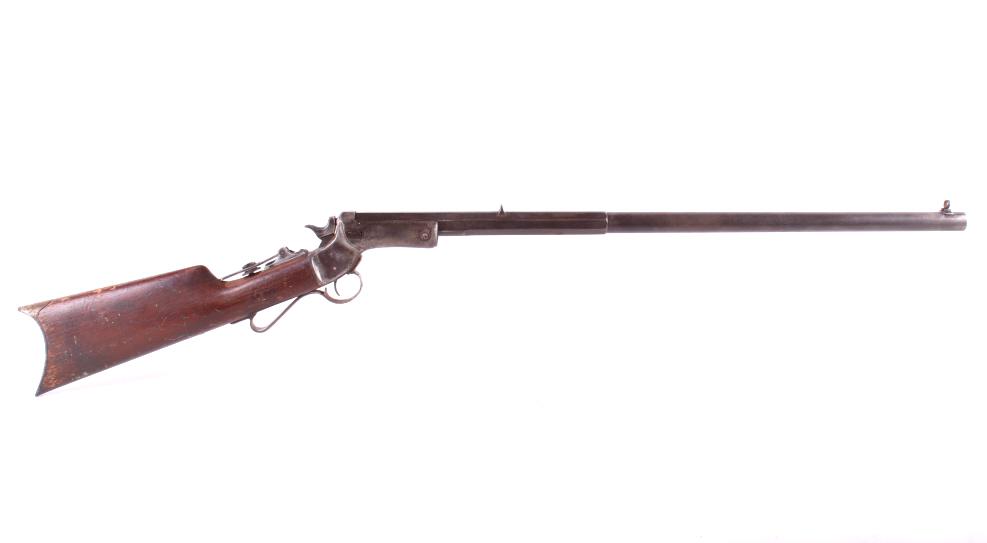 J. Stevens Tip Up Single Shot .22 Sporting Rifle: Included in this lot is a J. Stevens Tip Up single shot .22 caliber rifle. This rifle utilizes a single shot 26” half octagonal half round bull barrel with a dovetailed front hooded sight and doveta