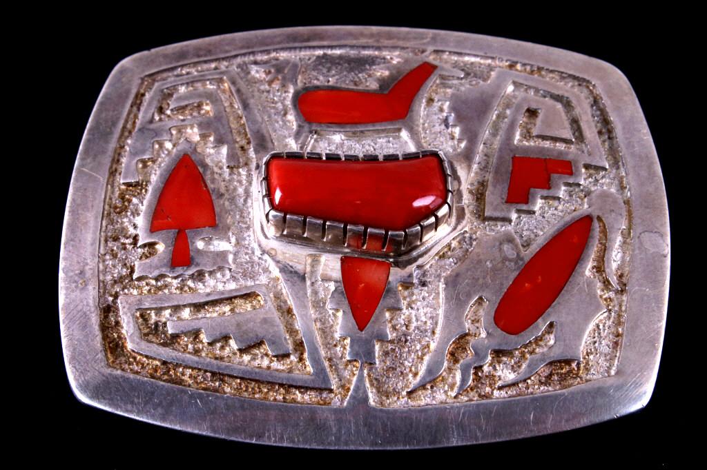 Navajo Sterling Silver Coral Belt Buckle Signed: For your consideration is this signed Navajo sterling silver and Red Branch Coral belt buckle from Navajo artist Michael Perry. This is a beautiful Navajo belt buckle showing embossed geometric patter